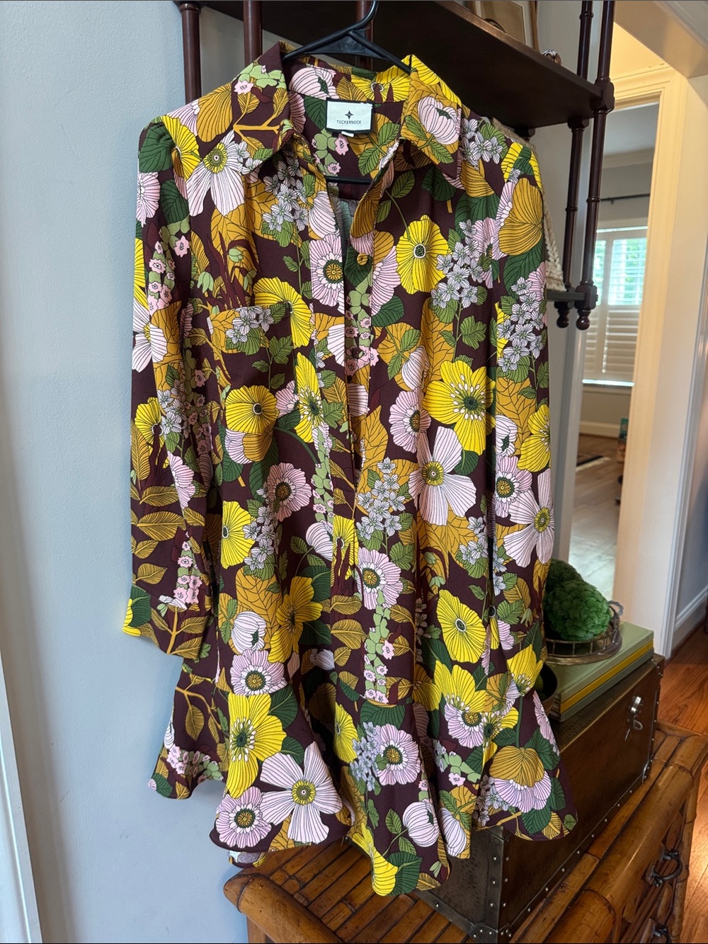 Tuckernuck Floral Blouse dress in Burgundy, Yellow, Green, Pink